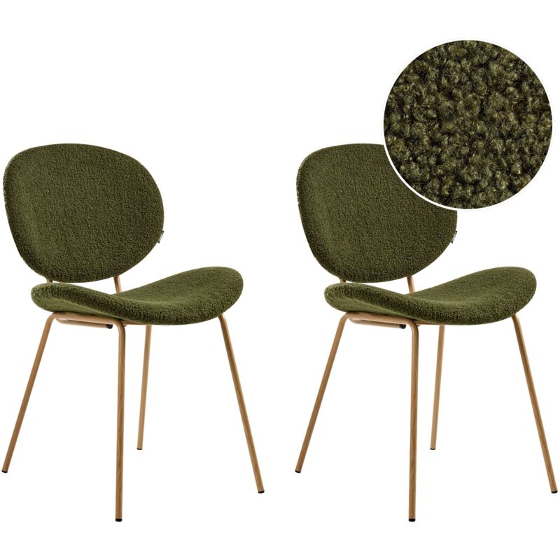 Beliani Set Of 2 Dining Chairs Dark Green Boucle Armless Leg Caps Light Brown Wood-like Iron Legs Contemporary Retro Design Dining Room Seating Luana