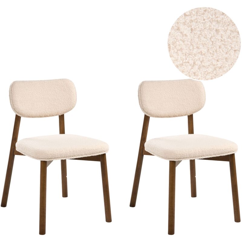 Beliani Set Of 2 Dining Chairs Brown And Light Beige Boucle Rubber Wood Frame Upholstered Seat And Backrest Dining Room Kitchen Mills