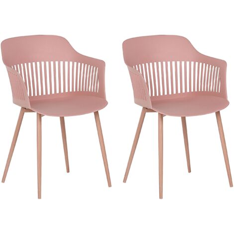 Set of 2 Dining Chairs Pink Metal Legs Synthetic Open Work Backrest Bereca