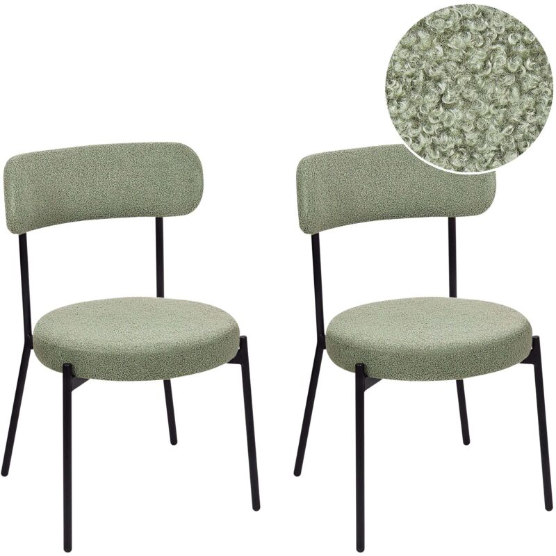 Beliani - Set Of 2 Dining Room Chairs Boucle Steel Black Legs Armless Dining Room Seating Light Green Allison