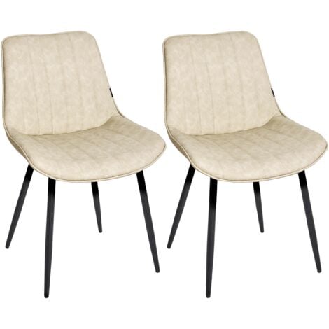 Set of 2 Dining Room Chairs Faux Leather Black Steel Legs Footrest Armless Dining Room Seating Light Beige Dubrovnik
