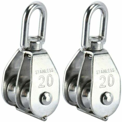 Set of 2 double pulley blocks in 304 stainless steel with double pulley swivel hook (M20)
