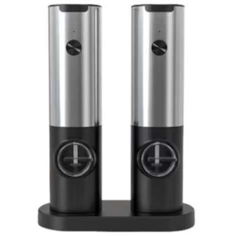 Set of 2 Electric Salt and Pepper Grinders, Plastic, Charging Stand, LED Light, Black