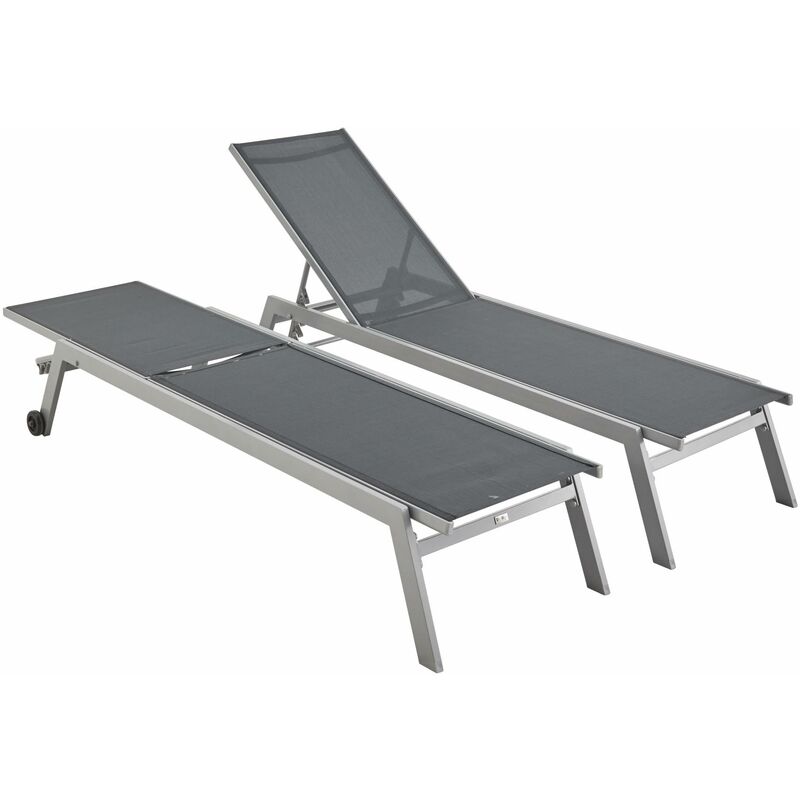 Pair of multi-position aluminium sun loungers with wheels, Elsa, Grey, 191x55x94 cm