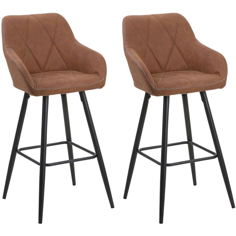 Modern Bar Stool Set of 2 Padded Seat With Arms Metal Legs Brown Darien