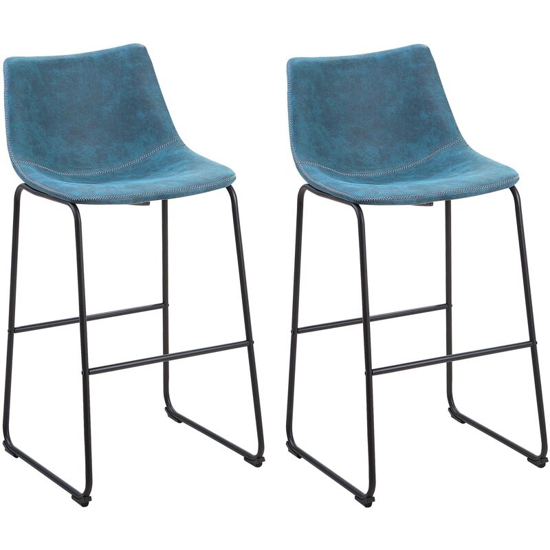 Set of 2 Bar Stools Fabric Breakfast Bar and Kitchen Retro Armless Blue Franks