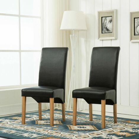 Set of 2 Faux Leather Dining Chairs Roll Top Scroll High Back home restaurants BLACK
