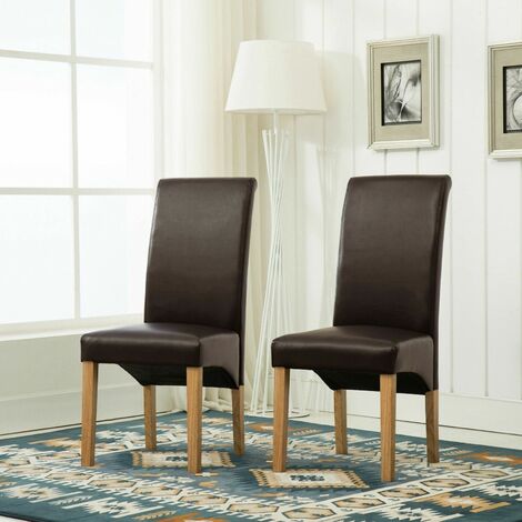 Set of 2 Faux Leather Dining Chairs Roll Top Scroll High Back home restaurants BROWN