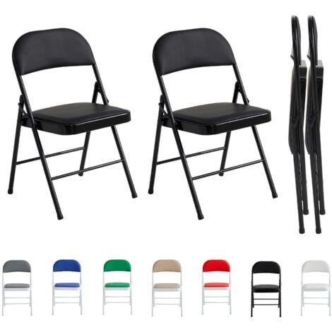 Set of 2 Faux Leather Foldable Chair with Metal Frame and Padded Seat BLACK