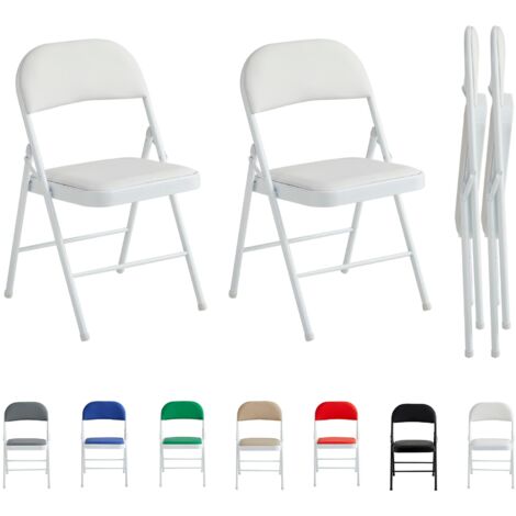 Set of 2 Faux Leather Foldable Chair with Metal Frame and Padded Seat WHITE
