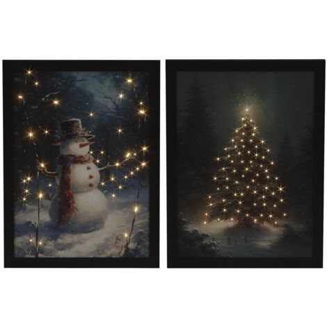 Set of 2 Fibre Optic Canvas Art Snowman Christmas Tree Winter Light Up LED