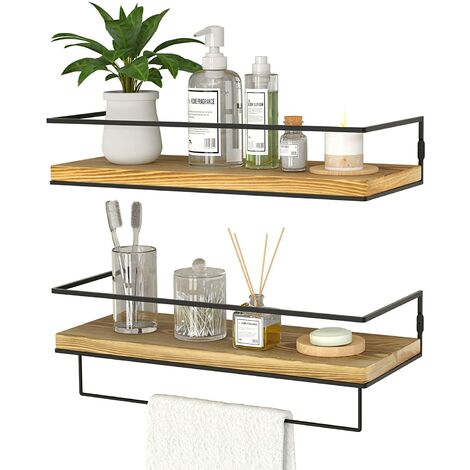 main image of "Set of 2 floating shelves for wall, wall storage shelves with black metal frame and towel rack for bathroom, bedroom, living room, kitchen, office (black)"
