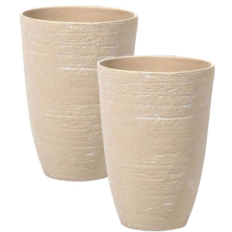 Set of 2 Flower Planters Tall Stone Gardening Pots Indoor Outdoor Beige Camia