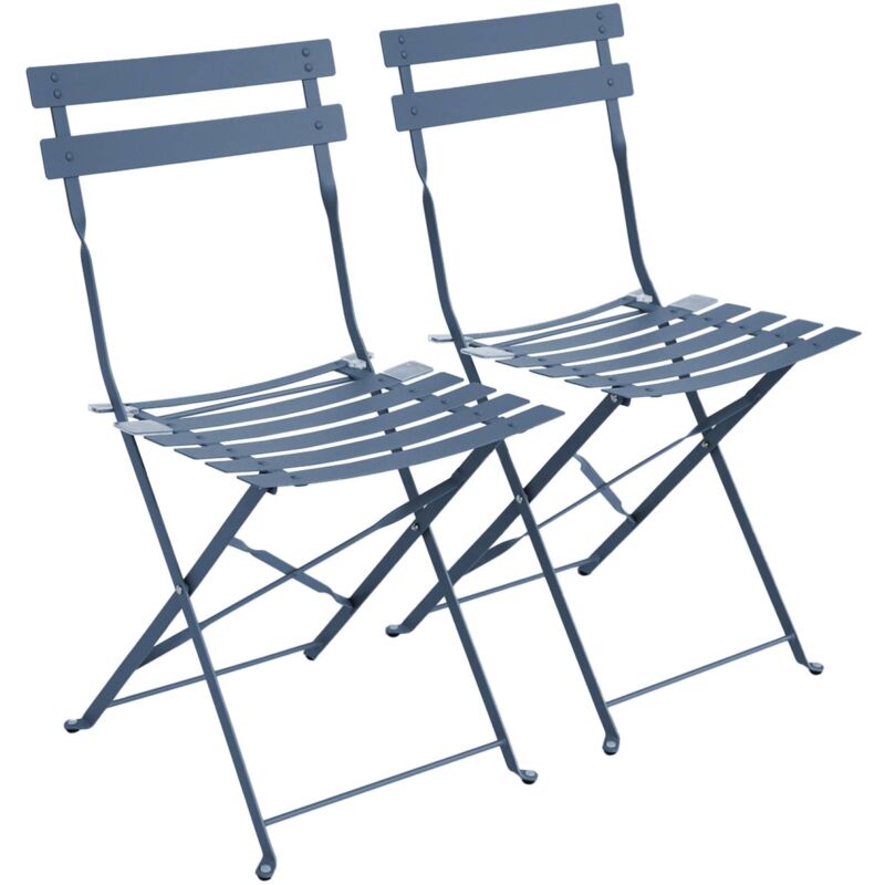 Sweeek Set Of 2 Folding Bistro Garden Chairs In Powder-coated Steel, Emilia, Blue-grey, 49.5 X 41 X 80.5cm