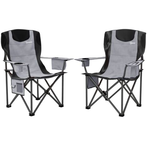 Set of 2 Folding Camping Chairs, Padded Camping Chairs with Adjustable Armrests, Portable & Lightweight Folding Camp Chair with Cooler Bag, Cup Holder and Side Pockets, Grey