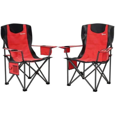 Set of 2 Folding Camping Chairs, Padded Camping Chairs with Adjustable Armrests, Portable & Lightweight Folding Camp Chair with Cooler Bag, Cup Holder and Side Pockets, Red