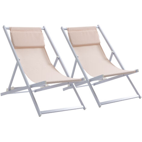Set of 2 Folding Garden Beach Aluminium Frame Deck Chairs Deckchairs Seaside Folding Garden Patio Lounger, Beige