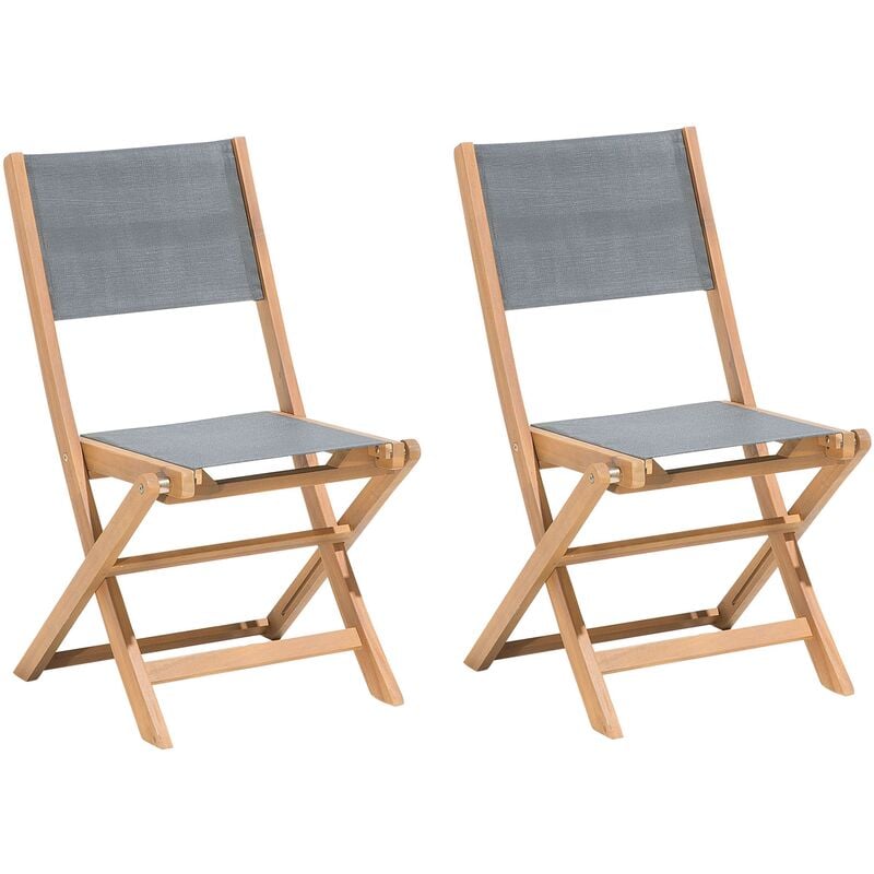 Set of 2 Outdoor Garden Patio Chairs Folding Acacia Grey Seat Backrest Light Wood Cesana