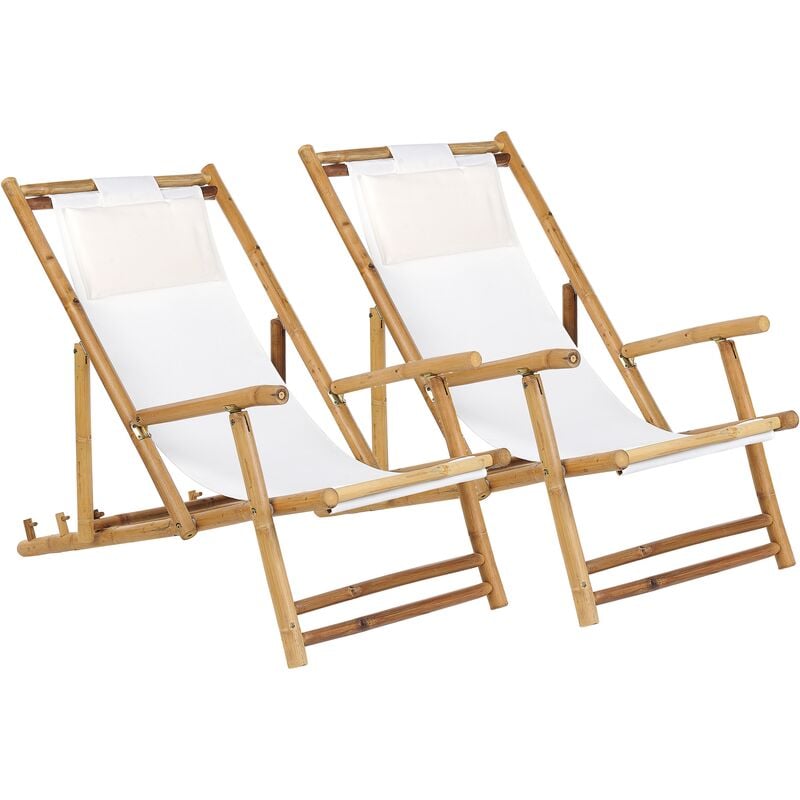 Set of 2 Folding Sun Loungers Natural Bamboo Deck Chairs Beige Sling Atrani