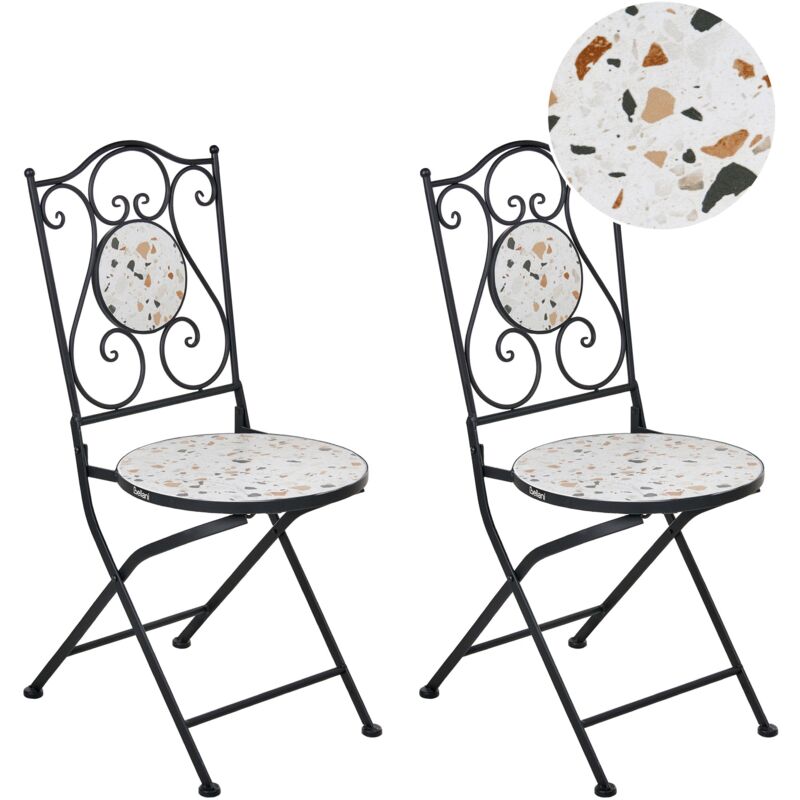 Beliani Set Of 2 Garden Chairs Black Metal Iron Frame Terrazzo Effect Pattern Vintage Style Outdoor Artena