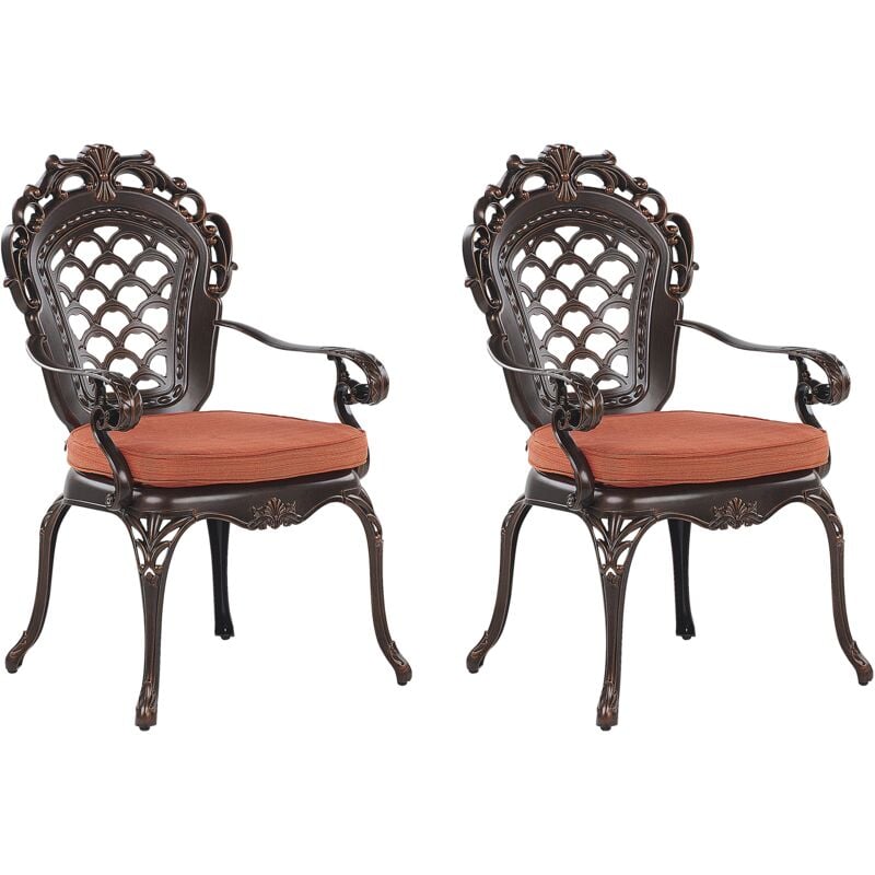 Set of 2 Garden Outdoor Dining Chairs Brown Vintage Aluminium with Pads Lizzano