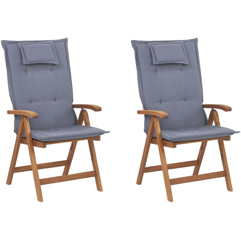 Beliani Set Of 2 Garden Chairs Light Acacia Wood With Blue Cushions Folding Feature Uv Resistant Rustic Style Java