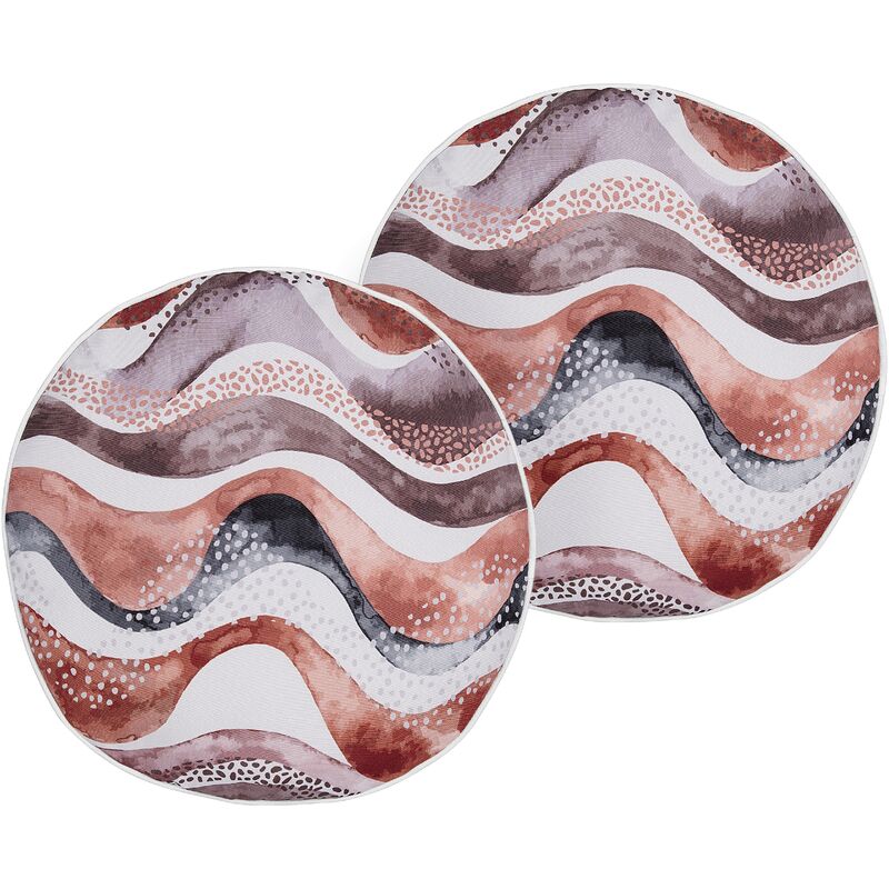 Beliani - Set of 2 Garden Cushions Outdoor Scatter Pillow ⌀ 40 cm Polyester Abstract Motif Waves Pattern Round Brown Seborga - Brown