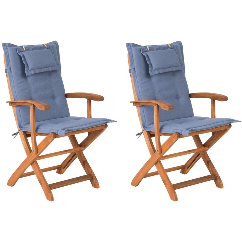 Beliani - Set Of 2 Wooden Garden Folding Chairs Outdoor Dining Blue Cushion Maui