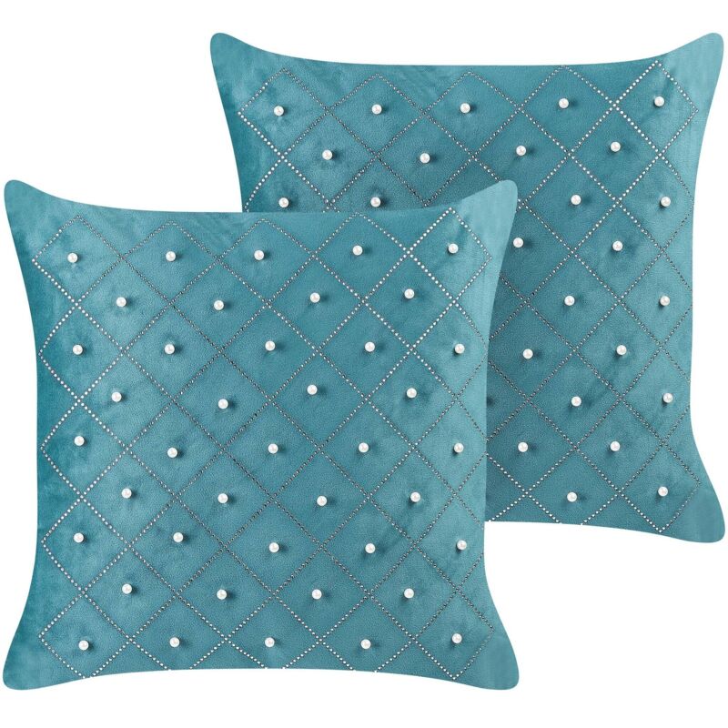 Beliani Set Of 2 Decorative Cushions Yarrow Velvet 45 X 45 Cm Teal Geometric Pattern