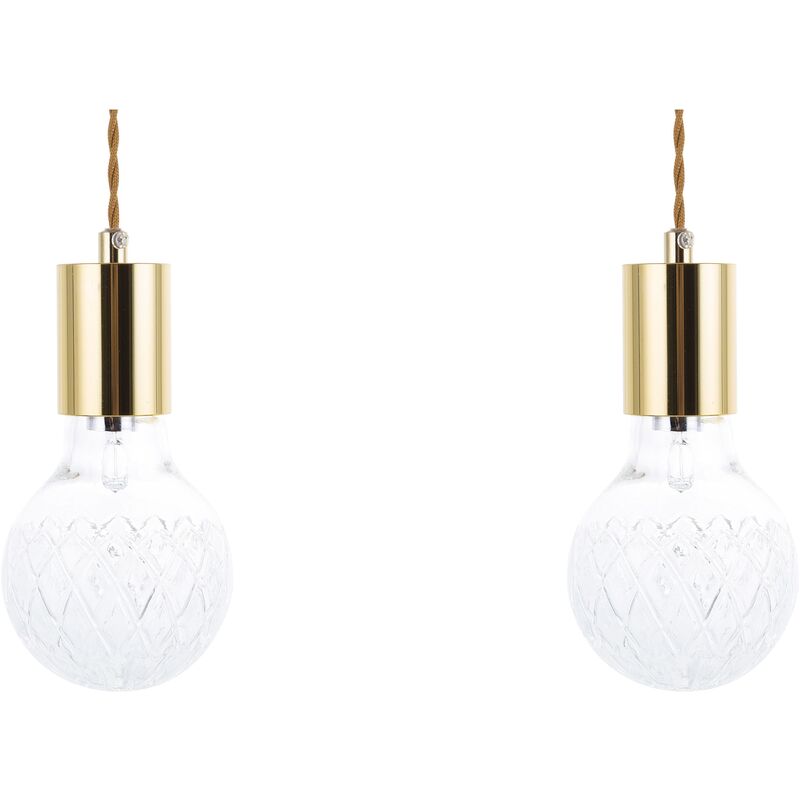 Beliani - Set of 2 Modern Pendant Ceiling Hanging Lights Lamps Metal Carved Glass Gold Anza