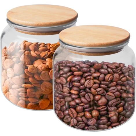 Set of 2 glass storage jars with airtight lids, 500 ml, with bamboo lids, for cooking, coffee, spices, cereals