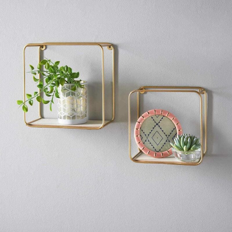 Set of 2 Gold Metal Wired Floating Wall Shelves Shelf Set Tromso Home Decor