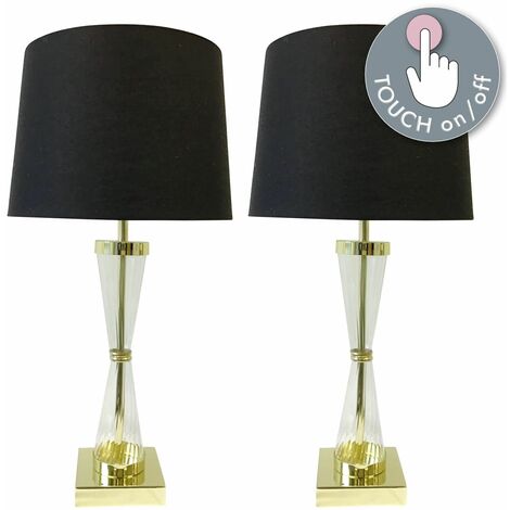 Set of 2 Gold Touch Lamps with Black Cotton Shades - Polished gold plate with clear glass detail and black cotton