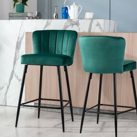 Set Of 2 Green Velvet Bar Stools Upholstered Seat With Backrest Metal Legs Kitchen Counter Chairs