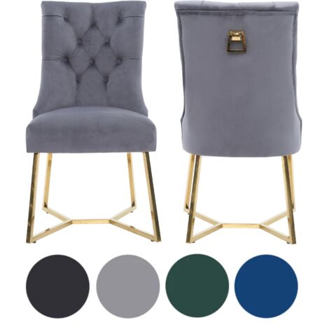 Set of 2 Grey Ambra Modern Velvet Dining Chairs with Gold Legs & Ring Handle - Tufted Back, Plush Foam Seat, Luxury Accent Chair