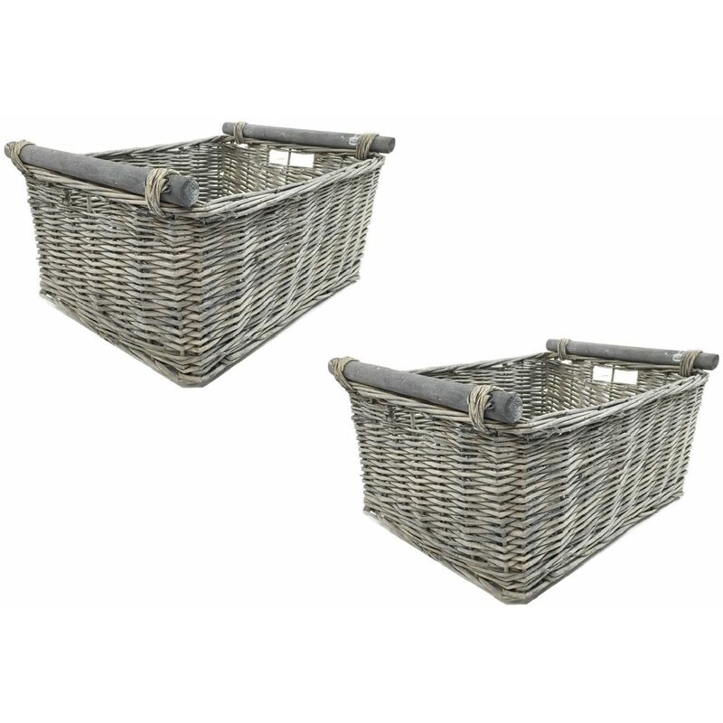 SET OF 2 Kitchen Log Fireplace Wicker Storage Basket With Handles Xmas Empty Hamper Basket [Grey,Set of 2 Small 31x25x16cm]