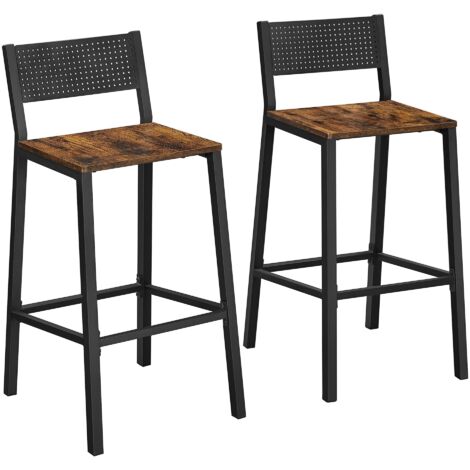 Set of 2 Industrial Bar Stools Rustic Brown Black with Footrest Comfortable