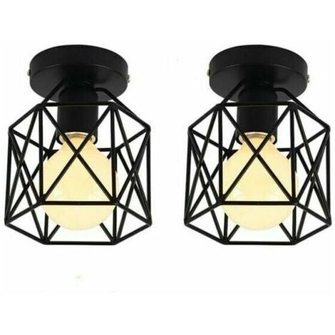 Set of 2 Industrial Metal Square Cage Ceiling Light, Chandelier Iron Shade Light Fixture E27 40W Black for Living Room Bedroom Bar