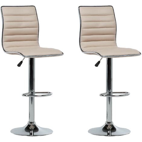 Set of 2 Kitchen Counter Bar Stools Swivel Adjustable Faux Leather Beige Lucerne