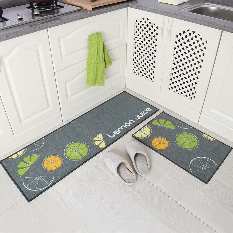 Set of 2 Kitchen Runners, Washable No-Slip Rug Runner / Floor Mat / Bath Mat, Lemon Gray Hiasdfls