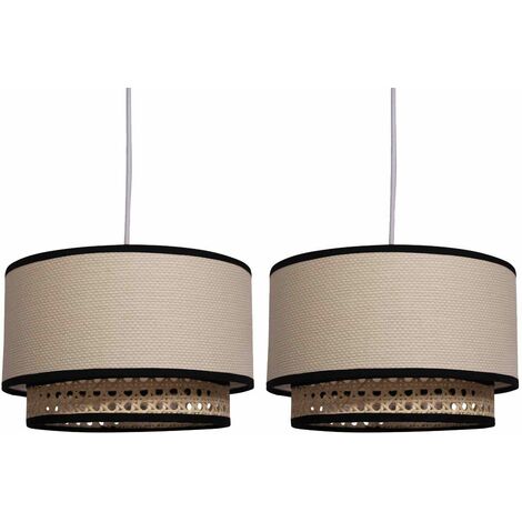 FIRST CHOICE LIGHTING Set of 2 Koral - Natural Rattan and Cane 25 cm Easy Fit Two Tier Pendant Shades