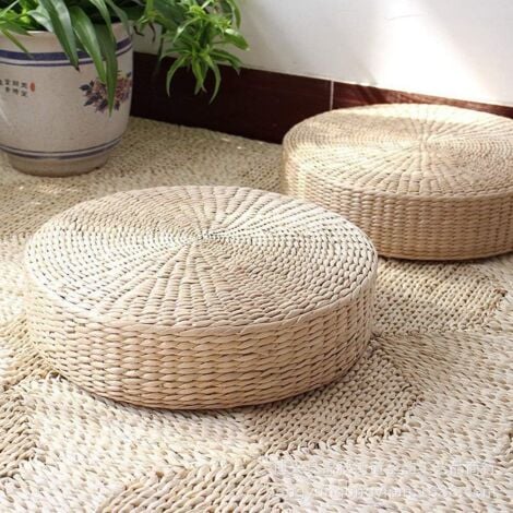 Set of 2 Large Round Floor Cushions, Straw Floor Mats for Outdoor Seating (Diameter: 19.7)