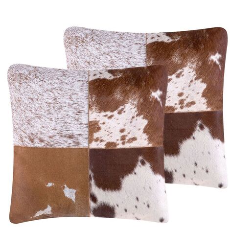 Set of 2 Leather Cushions Cowhide Pattern Animal Print 45 x 45 cm Light Brown Marady - Brown