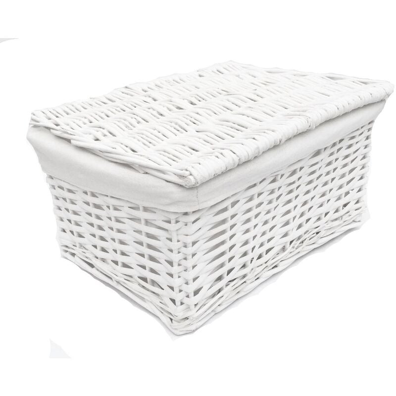SET OF 2 Lidded Wicker Storage Basket With Lining Xmas Hamper basket[Set of 2 Small 30x20x11.5 cm,White]