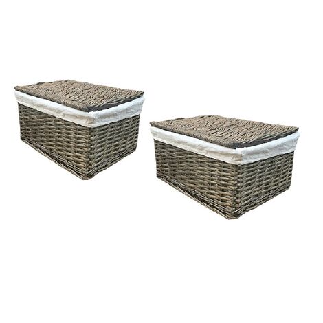 SET OF 2 Lidded Wicker Storage Basket With Lining Xmas Hamper basket[Set of 2 Small 30x20x11.5 cm,Oak]