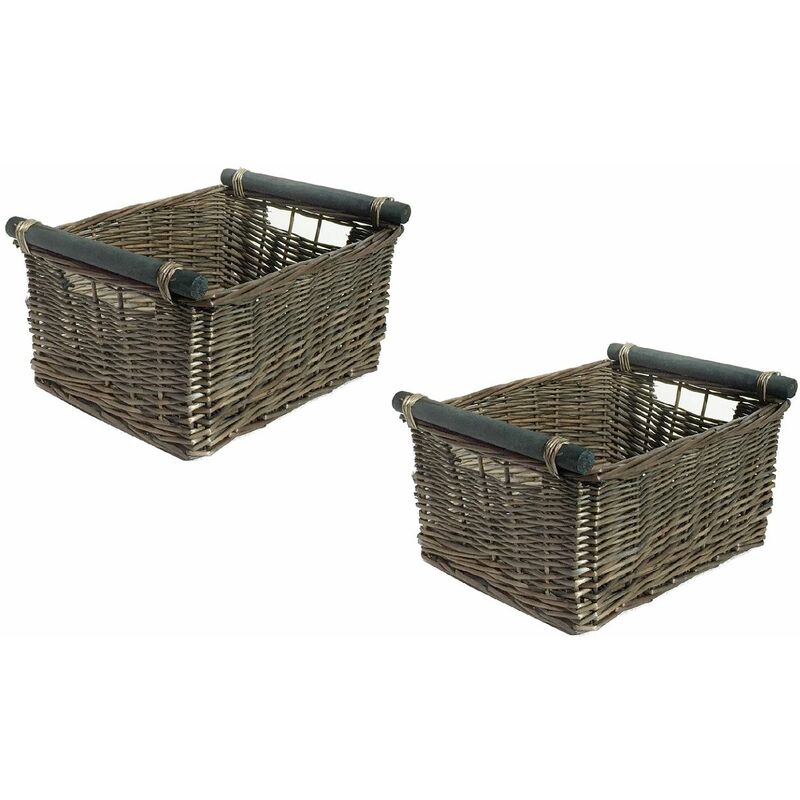 SET OF 2 Kitchen Log Fireplace Wicker Storage Basket With Handles Xmas Empty Hamper Basket [Oak,Set of 2 Medium 38x30x18cm]