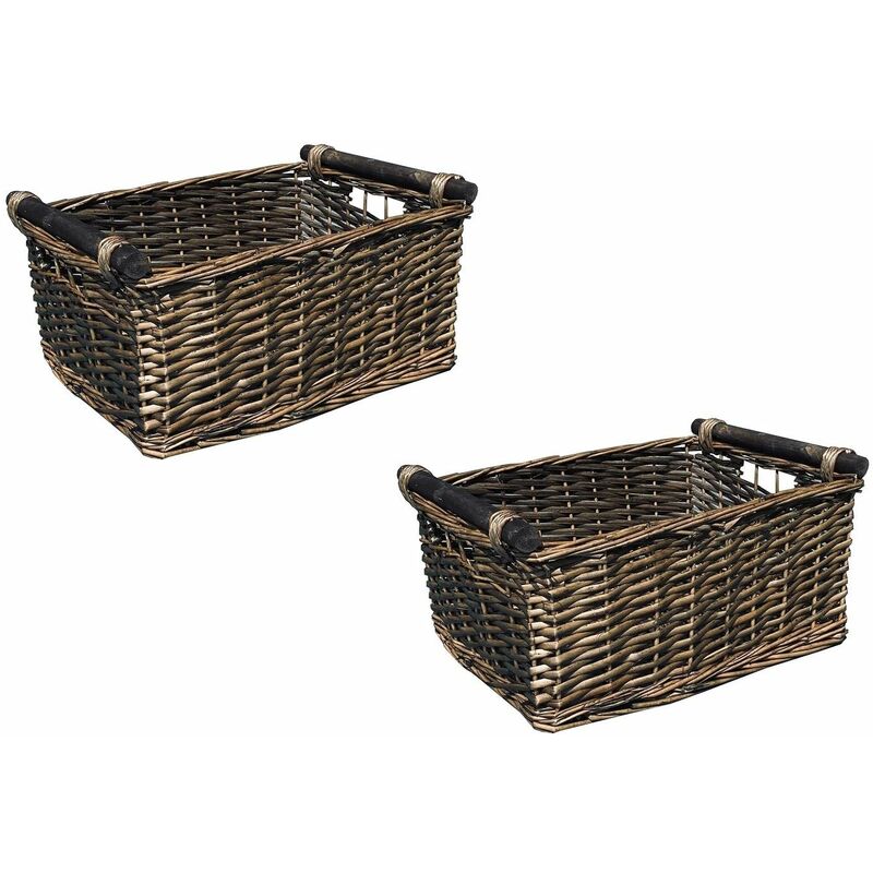 SET OF 2 Kitchen Log Fireplace Wicker Storage Basket With Handles Xmas Empty Hamper Basket [Oak,Set of 2 Small 31x25x16cm]