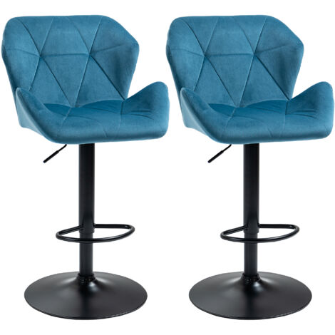 Set Of 2 Luxurious Velvet-Touch Bar Stools w/ Metal Frame Footrest Base Blue