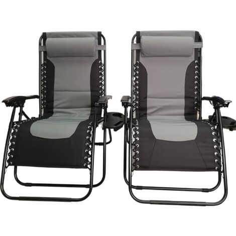 Set of 2 Luxury Padded Multi Position Zero Gravity Garden Relaxer Chair Lounger in Grey & Black
