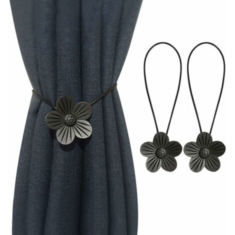 Set of 2 Magnetic Curtain Holders, Floral Pattern Magnetic Curtain Clips, Curtain Accessories, Black